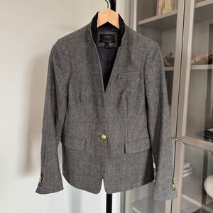 J. Crew Regent One Button Blazer Gray Plaid Wool Black Satin Trim Size 4